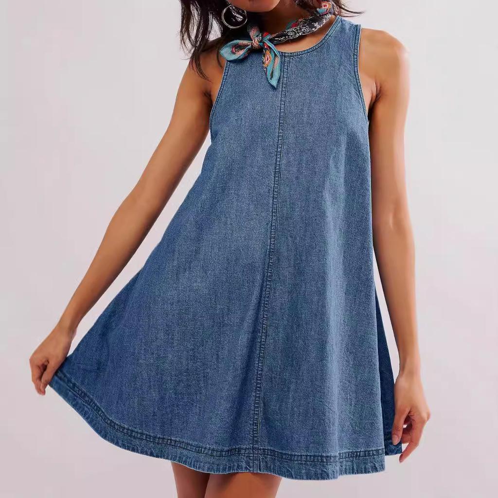 Backless Dress 2026 Denim Dress Women's Summer New Casual Sleeveless Halter Short Skirt A-line Skirt
