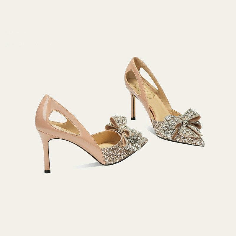 Модные Однобортные Туфли из Овчины Для Женщин 2025 Все Новые Бриллиантовые Бант Французские Высокие Каблуки Для Женщин Шпилька Свадебные Туфли