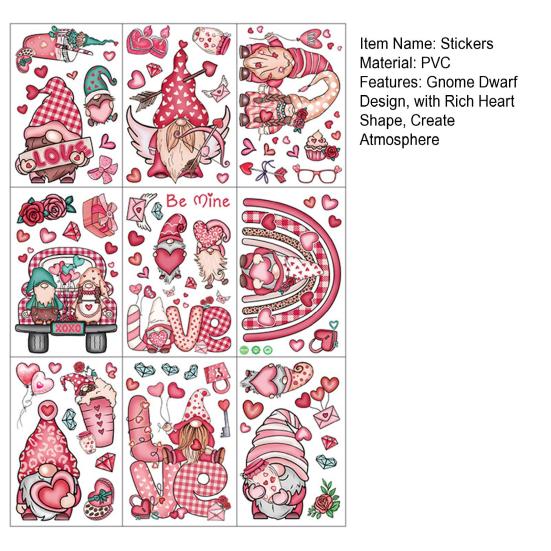 9 шт., наклейки на окно ко Дню святого Валентина, дизайн гнома-гнома с богатой формой сердца, создают атмосферу украшения, оконные наклейки на тему любви