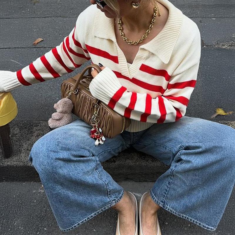 Women's Polo Collar Knit Sweater Red White Stripe V-Neck Long Sleeve Casual Fitted Top