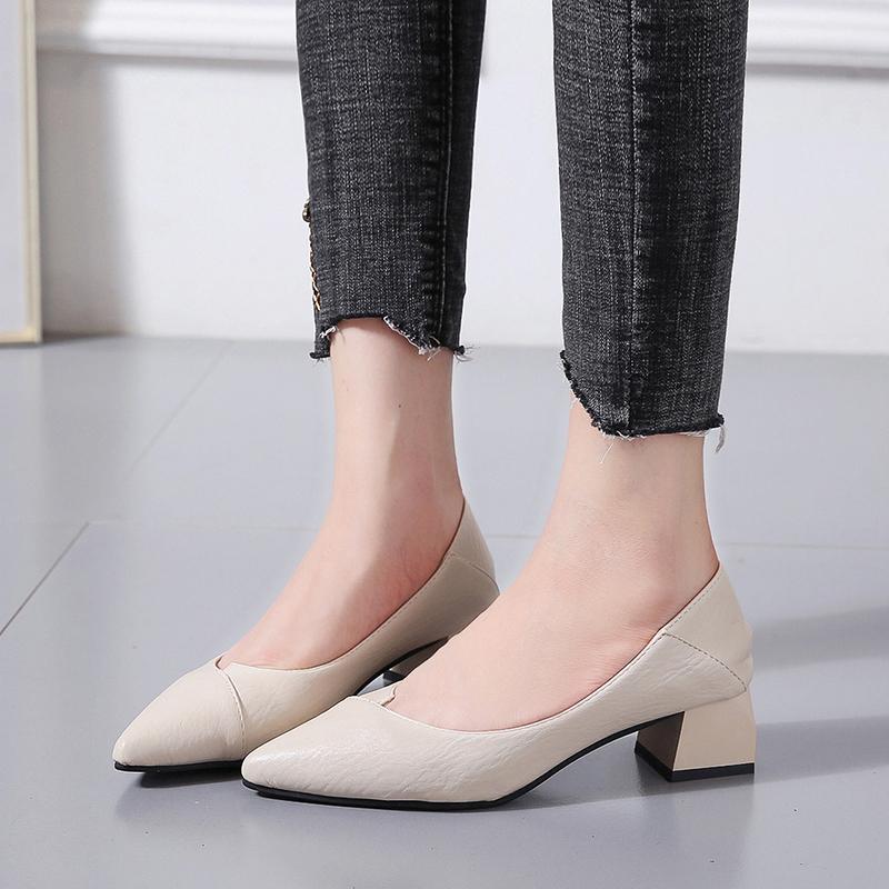 Модные туфли-лодочки Женская обувь на низком толстом каблуке с острым носком Женская обувь на платформе Мягкая кожаная обувь для офиса 2024