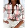 YYFS Женская мода повседневная весна осень клетчатый принт длинный рукав воротник поло блузки и рубашки
