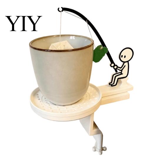 Tea Bag Holder for Glass Cup Fishing Man with Coaster, Cute Stick Figure Minimalist Anti-drip Coaster Holder, Funny Desk Drip Catcher, Novelty