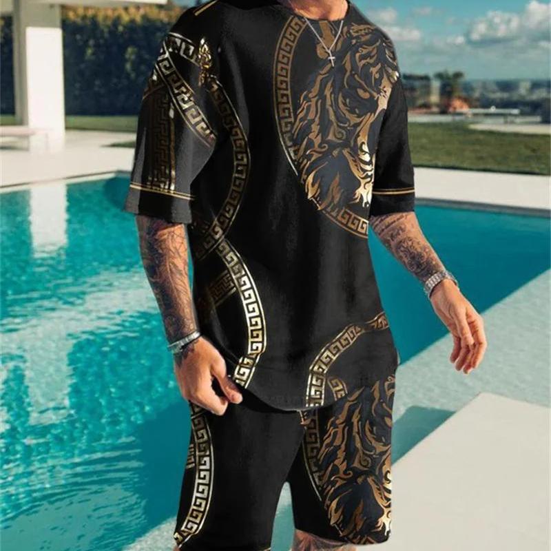 Летние модные мужские комплекты из 2 предметов, спортивные костюмы, повседневные футболки с короткими рукавами и 3D принтом + шорты, брюки, костюмы, мужская одежда, наряд