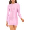 Womens Glossy Long Sleeve Bodycon Dress Nightwear Solid Color Smooth Stretchy Mock Neck Tight Dresses