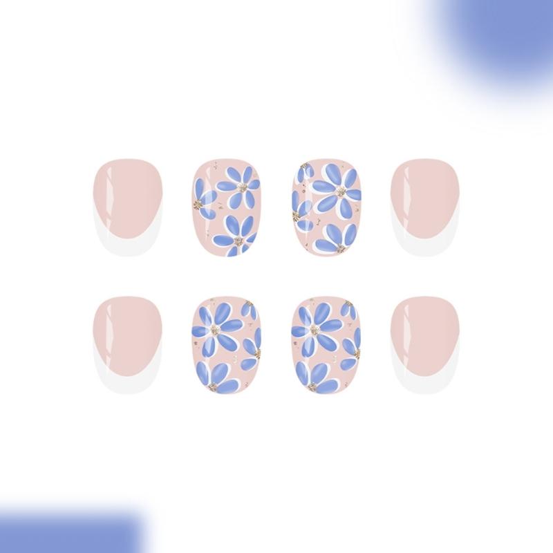 Pack Of 24 Fake Nail White French Blue Floral Glossy Short Oval Shape Press On Nail With Shimmering Finish ABS Build