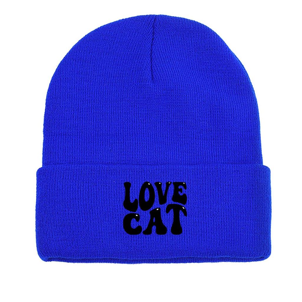 LOVE CAT" Print Knit Cap Beanie, Animal Man Cap Windproof Candy Color Trendy Pompom Beanies Knitted Hat Beanie