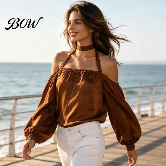 Breathable Women Shirts Summer Off-Shoulder Shirt, Long Sleeve Casual Halter Top, Shirt Solid Color Loose Satin Blouse for Daily Office