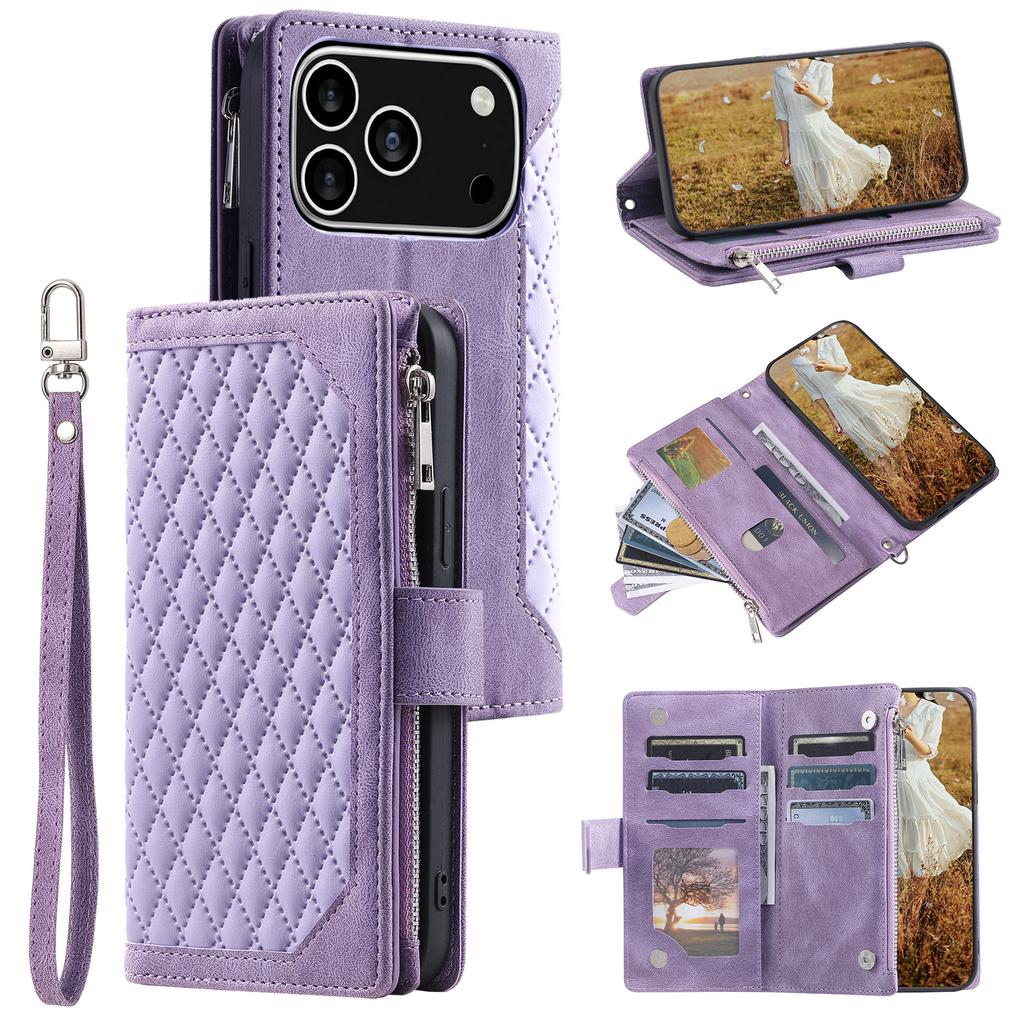 For iPhone 17 Pro Wallet Case Rhombus Stitching Line PU Leather Phone Cover with Wrist Strap