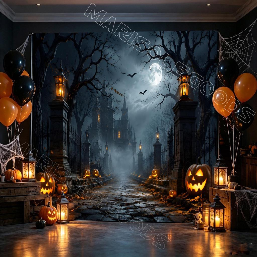 530. Haunted Castle Halloween Backdrop, Spooky Pumpkin Full Moon Bat, Dark Gothic Fall Halloween Party Photography Background