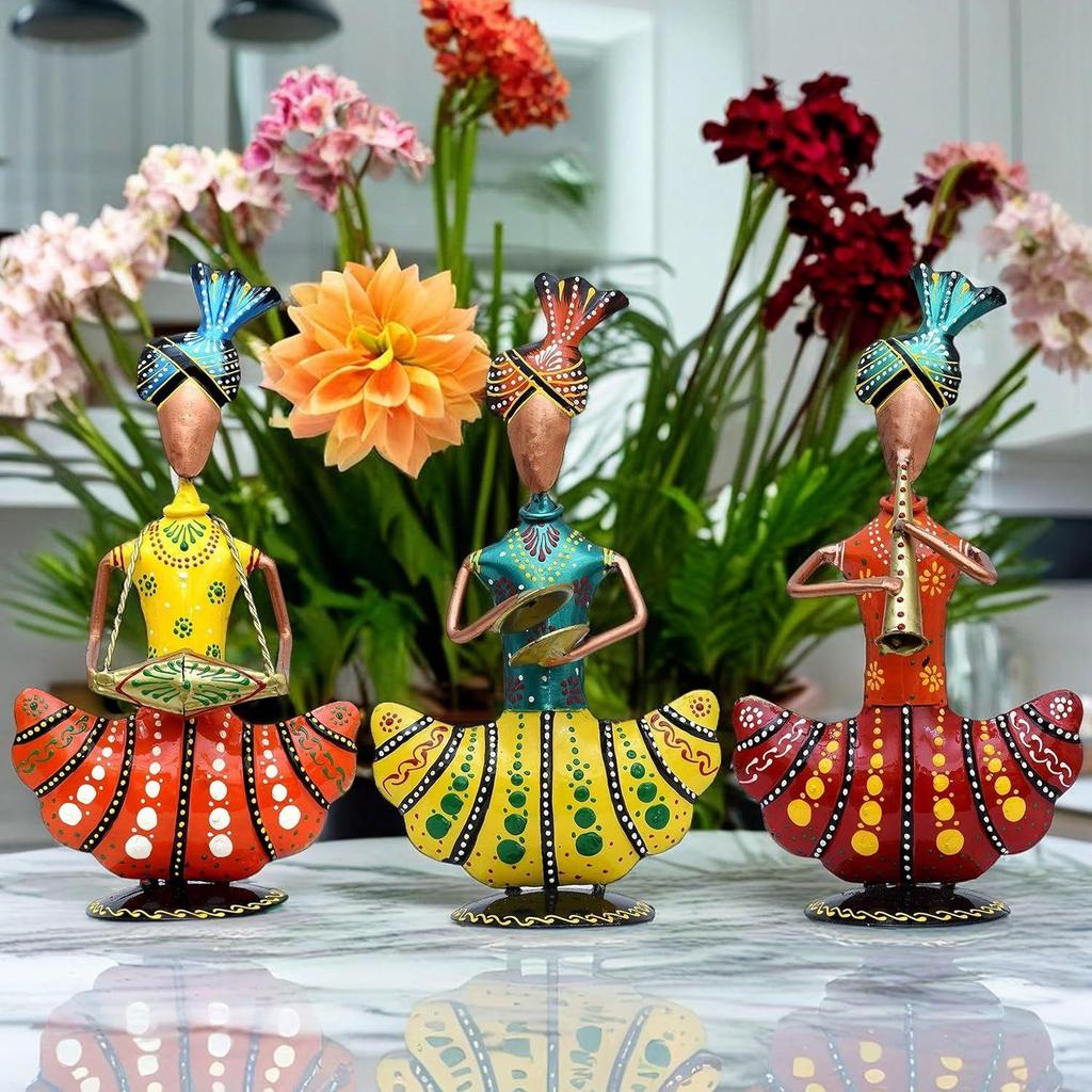 Яркий набор фигурок раджастханского музыканта | Изготовленный вручную образец индийского народного искусства | Традиционный домашний декор для гостиной, офиса, подарка (Набор1)