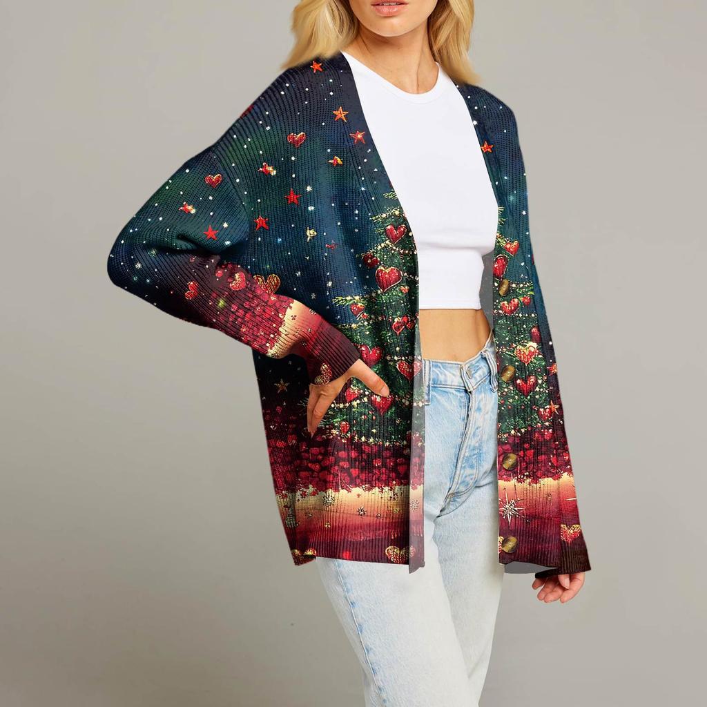 Women's Fashion Long Sleeve Christmas Print V-Neck Button Loose Cardigan Top