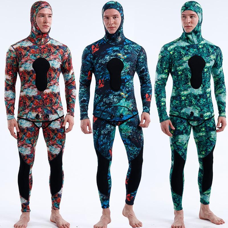 3mm Neoprene Wetsuit Set Hooded Camo Two-Piece Diving Surfing Snorkeling Water Sports Men Adult