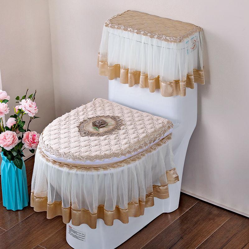 3 Pcs/Set Fabric Lace Toilet Mat Three-Piece Gold Velvet Toilet Seat Cover U-Shaped Zipper Toilet Pedestal Ring Toilet Cover
