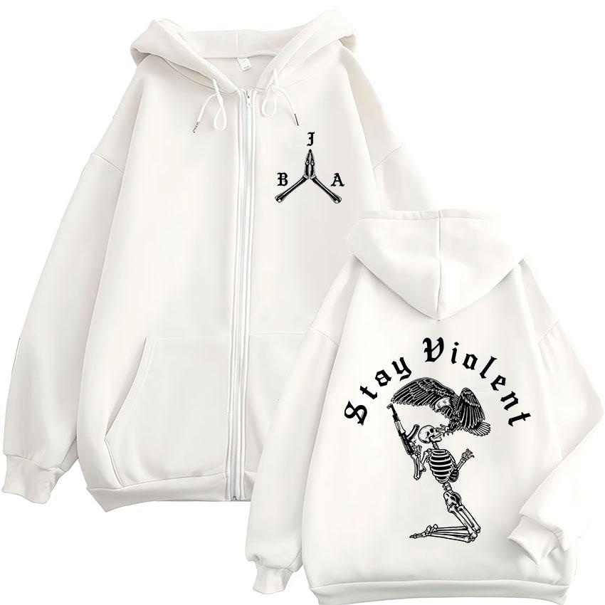 Stay Violent Brothers in Arms Skeleton Printed Zipper Hoodies Men Women Zip Up Hooded Sweatshirts Vintage Pullovers Jackets Coat