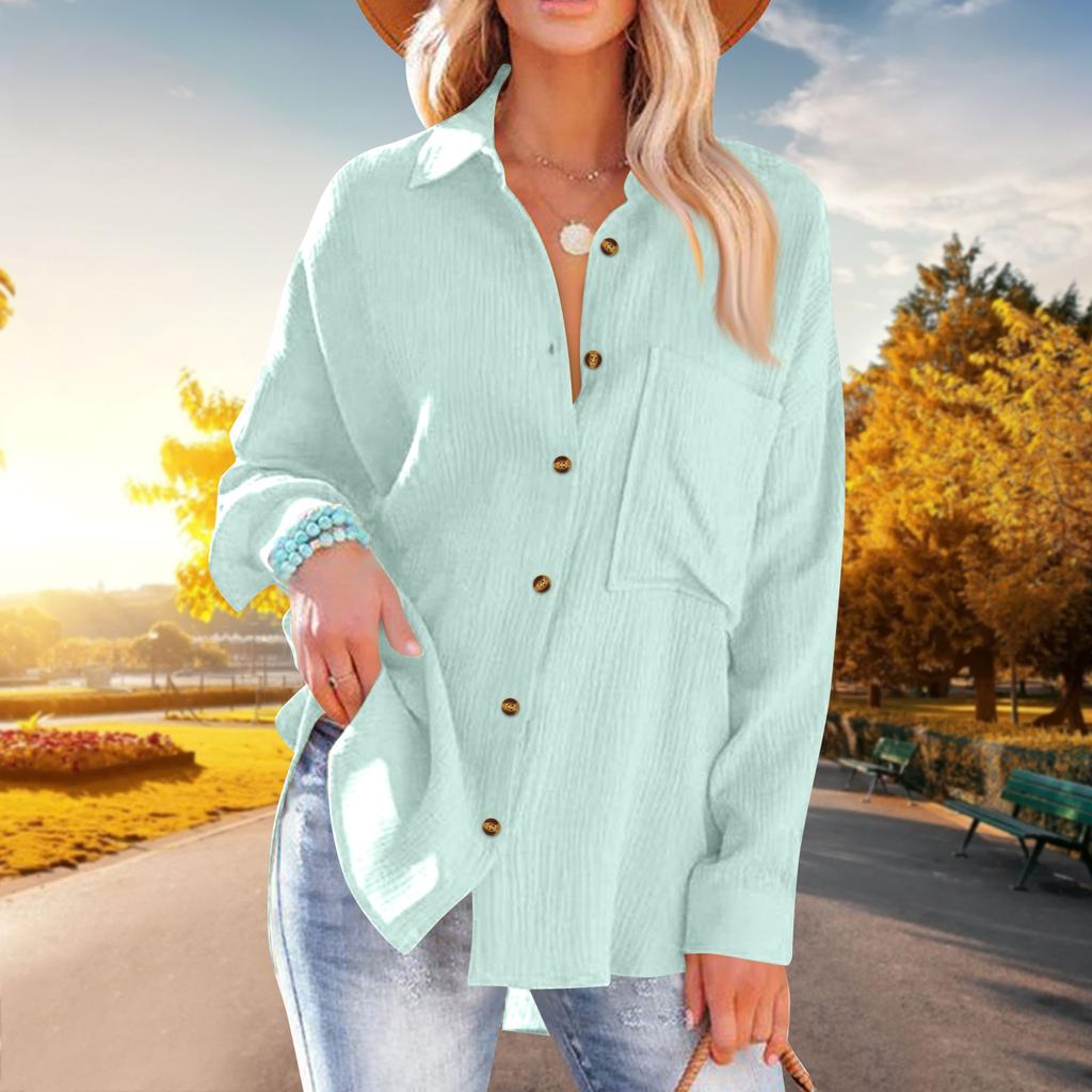 Women's Fashion Solid Color Loose Casual Single-Breasted Long Sleeve Shirt