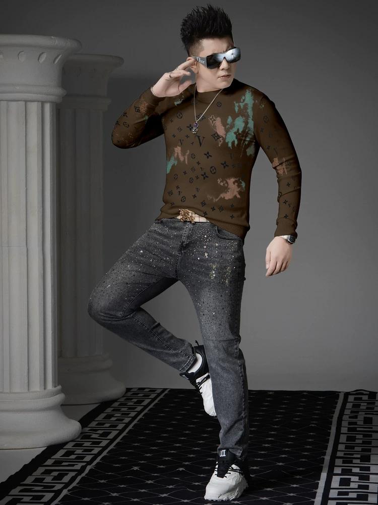 European Style Round Neck Long-Sleeve Knit Sweater for Men, Autumn and Winter 2025 New Trendy Velvet Print Warm Sweater for Men