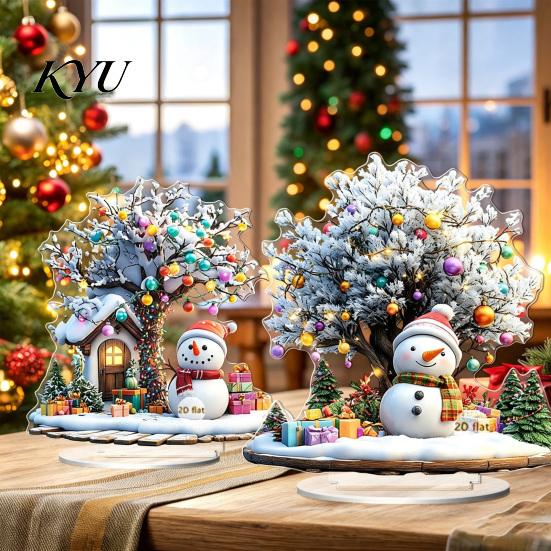 Xmas Town Scene Ornaments Christmas Village Houses Table Decoration, Snow Patterns 2D Acrylic Snowman Ornament, Decorative Centerpieces for