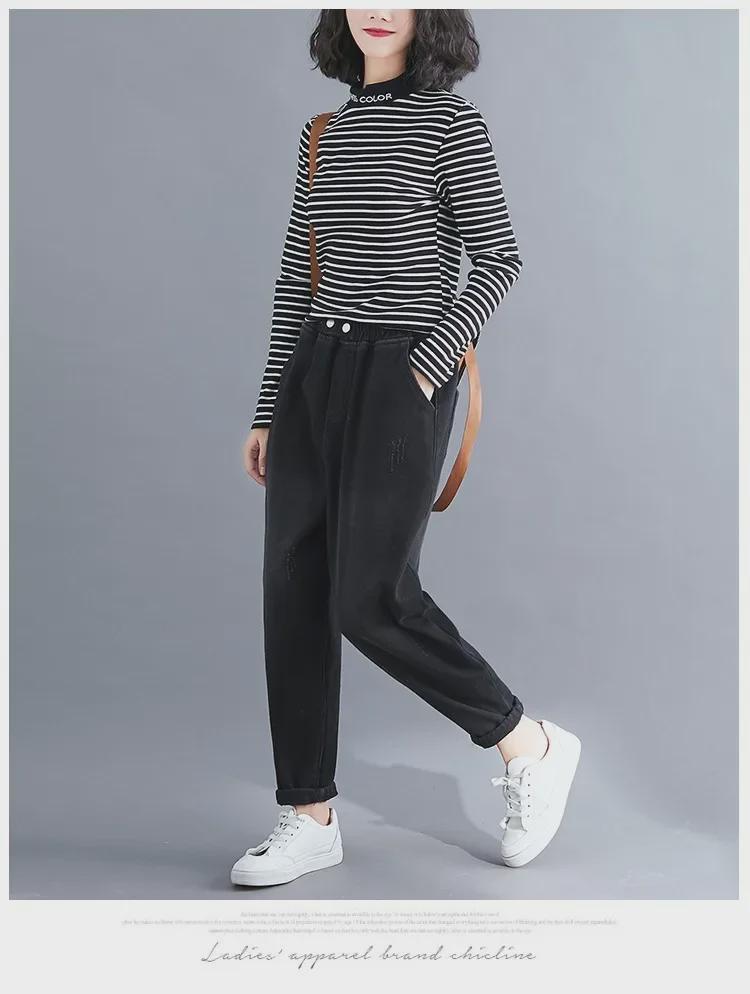 Новые зимние свободные женские брюки из денима и бархата - плотные, теплые джинсы в литературном стиле