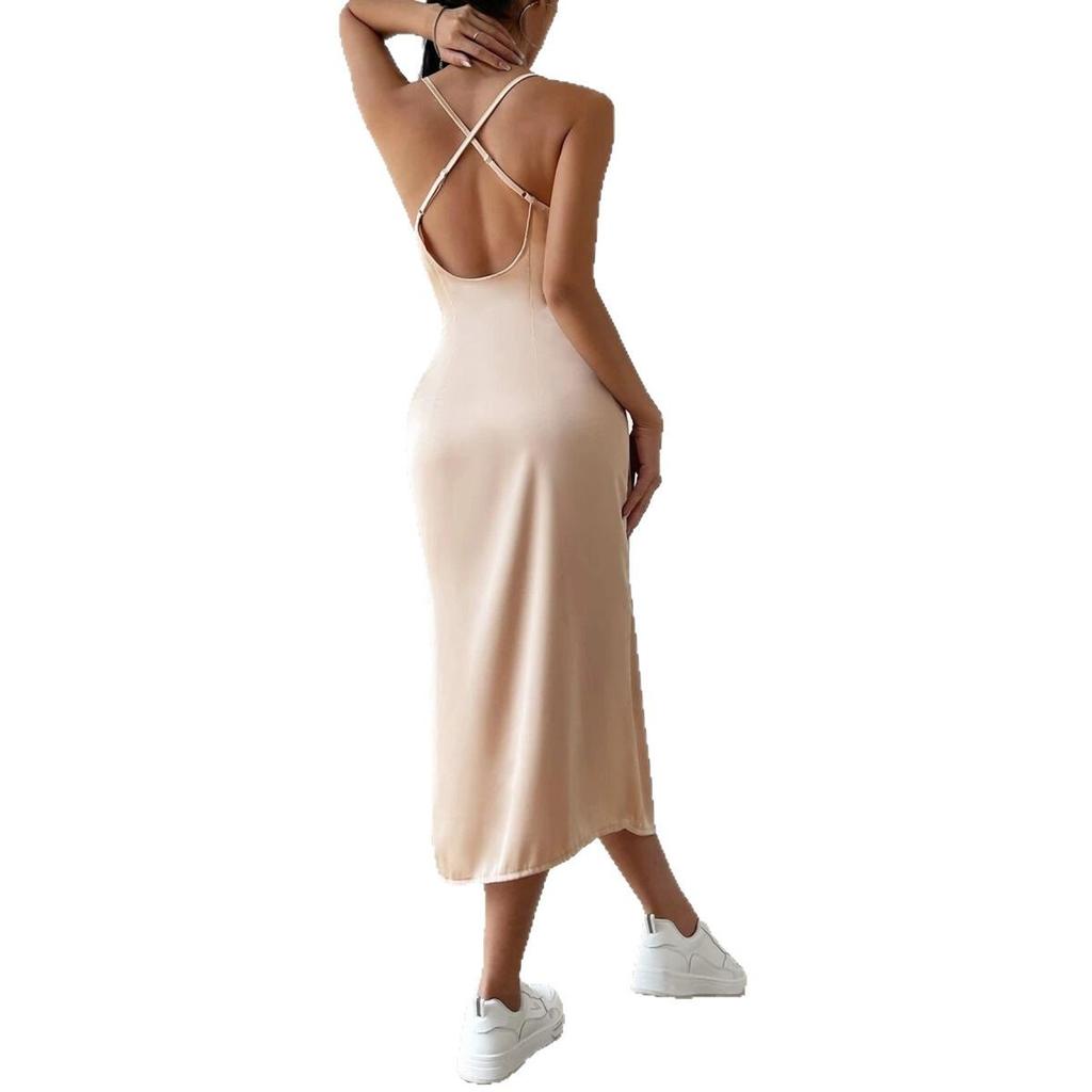 Women's Satin Camisole Dress with Summer Split Mid Length A-line Dresses