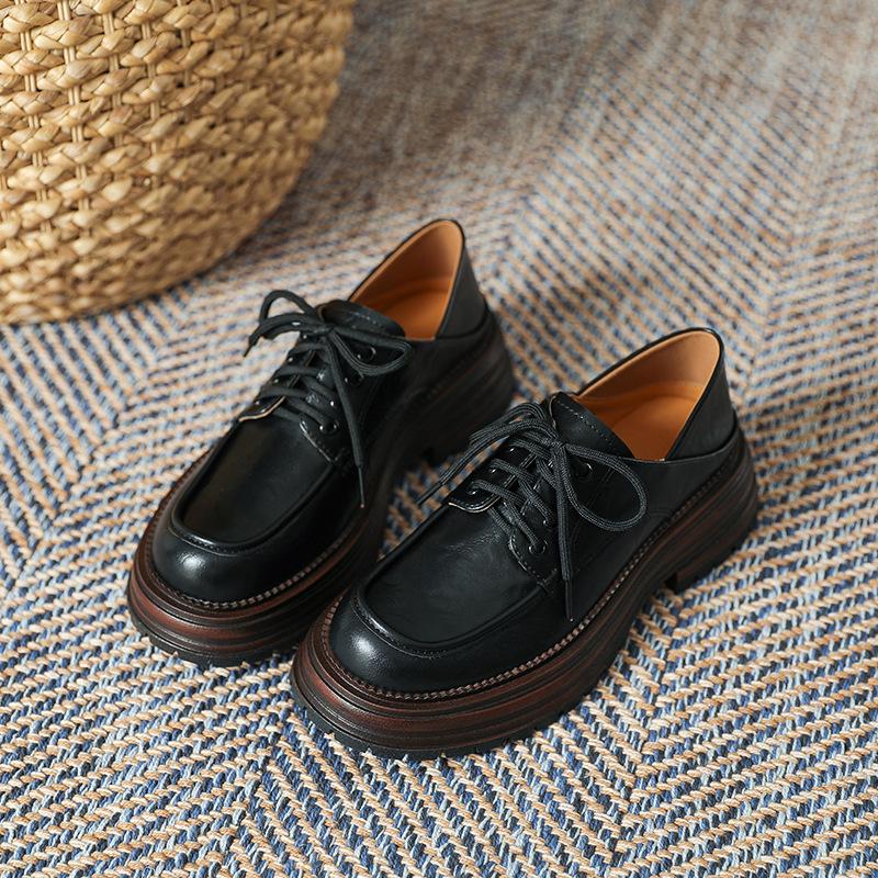 Платформенные маленькие кожаные туфли женские в британском стиле 2025 весна и лето новые одинарные туфли с круглым носком на толстом каблуке милые крутые девушки лоферы на шнуровке