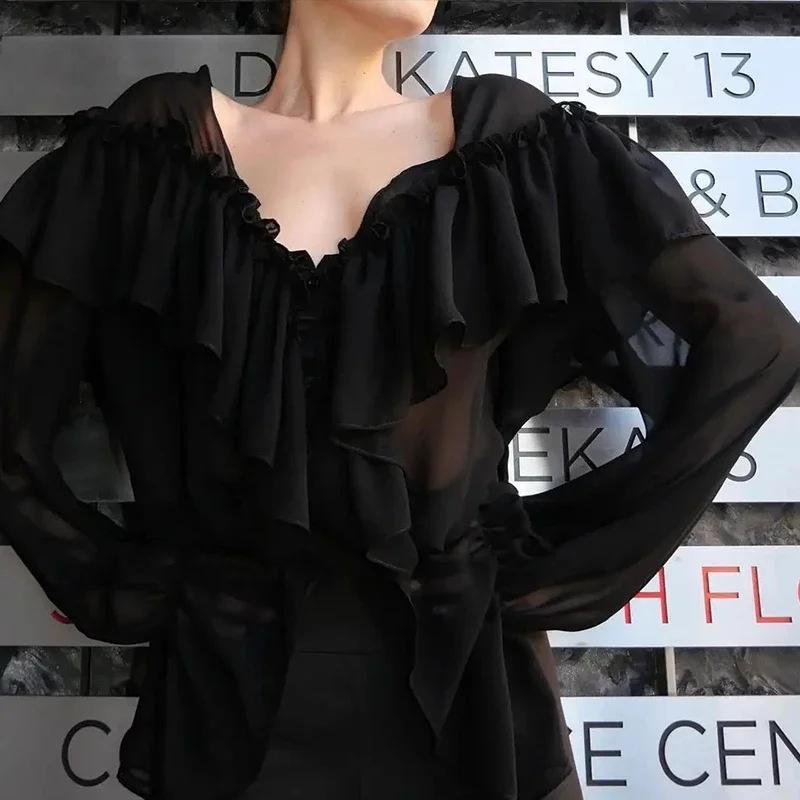 2026 Новая шифоновая блузка с V-образным вырезом Сексуальный прозрачный пляжный накидной топ с длинным рукавом для горячей девушки