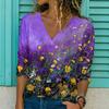 V-neck Colorful Flower Pattern 3D Printed Long Sleeved Women's T-shirts - Soft Medium Stretch Polyester Fabric Spring and Autumn Relaxed Fit Clothing