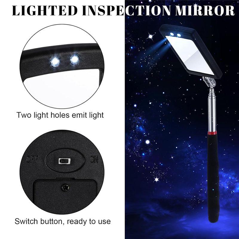 A84E-6Pcs LED Telescoping Inspection Mirror,Retractable LED Mechanical Mirror Tool,Retractable Under Vehicle Detection Mirror