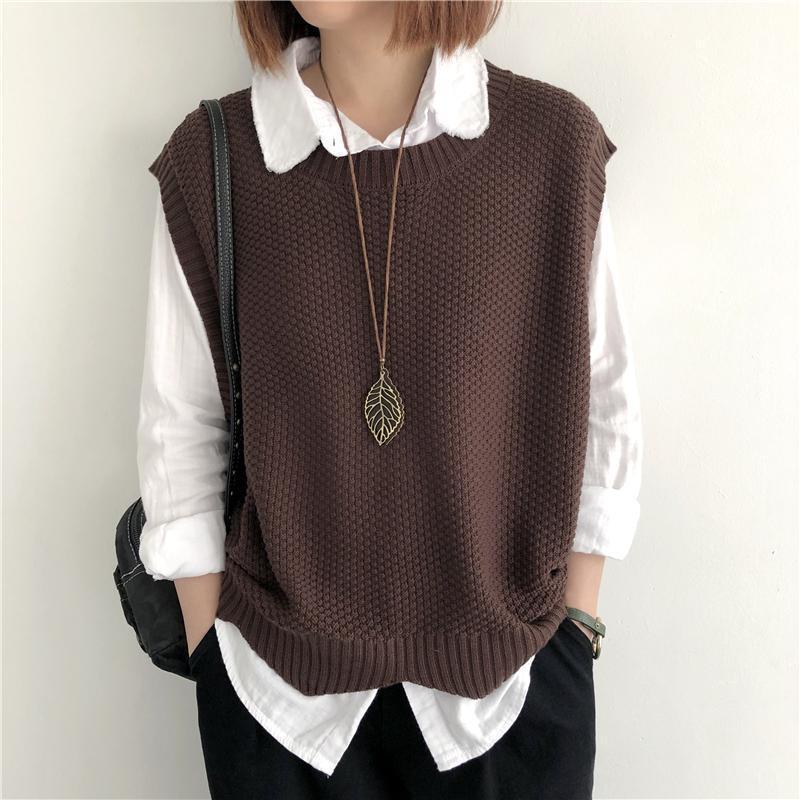 Fashion Knitted Vest Women's Clothes 2024 Autumn Solid Color Loose Round Neck Irregular Pullover Short Vest Outside The Waistcoat Winter