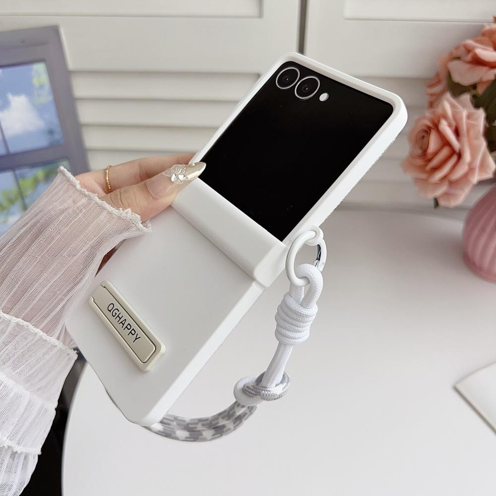 Double Color Contrast Lanyard Matte Case for Samsung Galaxy Z Flip 7 6 5 4 3 Zflip Hand Wrist Strap Bracket Stand Hard PC Cover