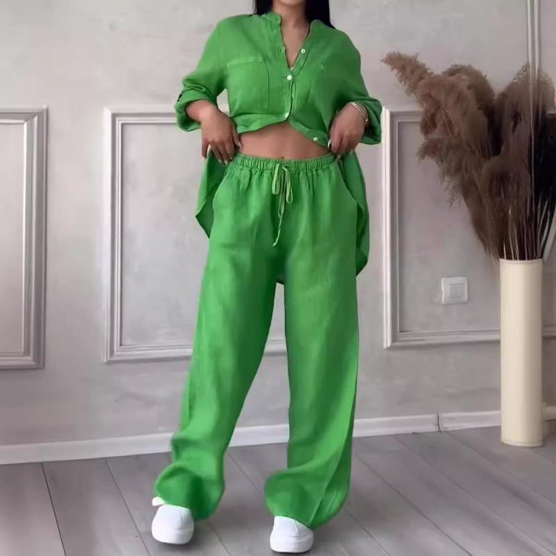Женский однотонный комплект из рубашки с длинным рукавом и брюк клеш 2024
