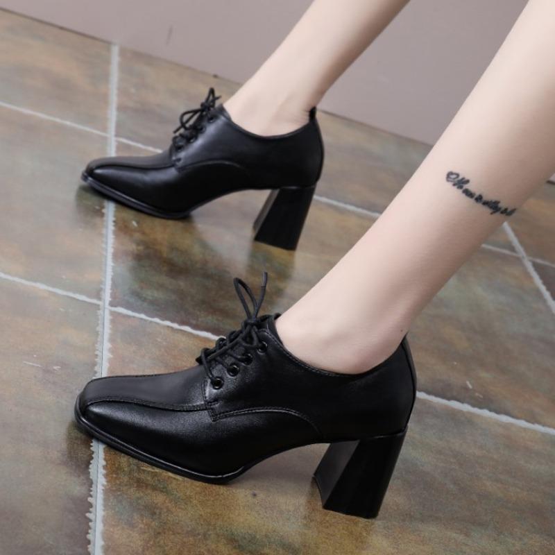 British Style High Heels 2024 Autumn New Women's Square Head Thick Heels Women's Shoes Lace Up Shallow Cut Single Zapatos Mujer