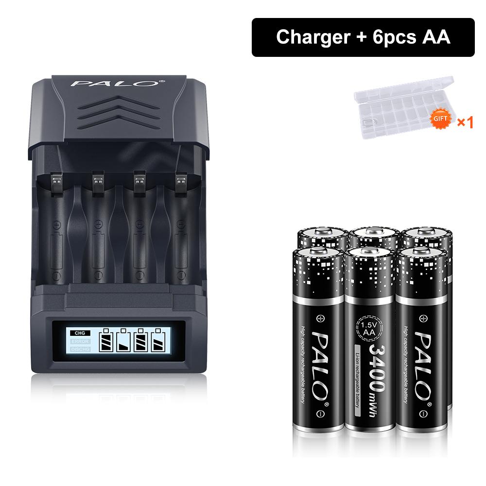 PALO 1.5V AA Li-ion Rechargeable Battery AA 1.5V 3400mWh Lithium AA Li-ion with 4 Slots Battery Charger for 1.5V AAA AA Li-ion Battery