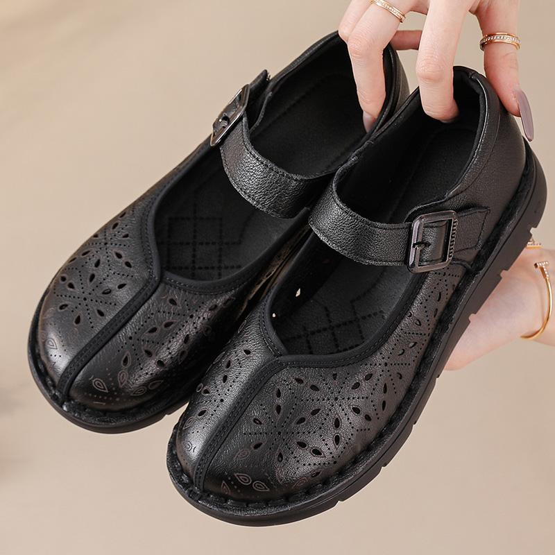 Fashion New Natural Leather Sandals Women's Hollow Out Flats Shoes Woman Luxury Mary Jane Sandal Female Strap Loafer Lady Shallow Flats
