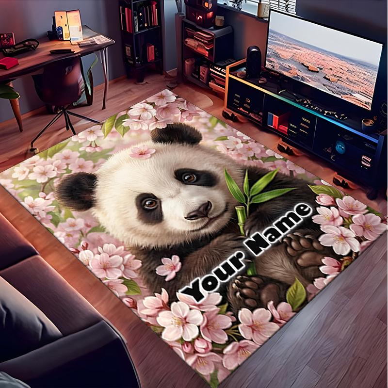 1PC Custom Name Panda Cherry Blossoms Theme Floor Mat Ideal for Living Room, Game Rooms, Office, Bedroom,Floor Mat Playful Design