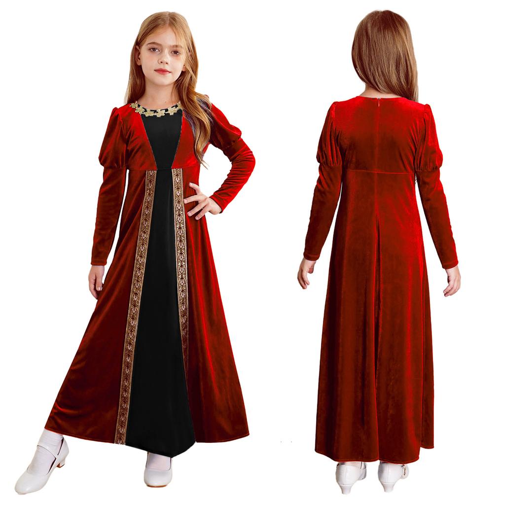 Girls Renaissance Dress Princess Medieval Long Sleeve Maxi Dress Gothic Cosplay Costume Halloween Role Playing Party Fancy Dress Gown