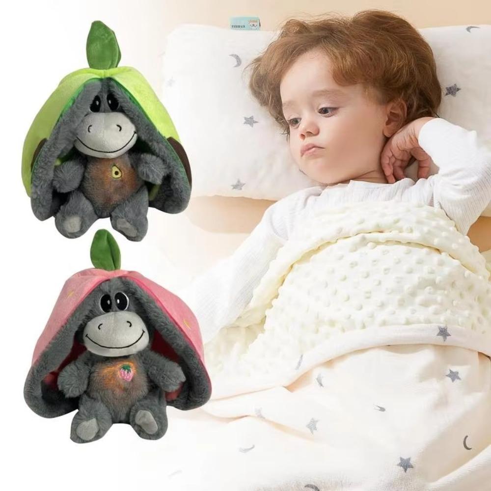 12.6inch Luminous Breathing Doll with Motion Lights Plush Baby Sleeping Toys Strawberry Donkey Cartoon Plush Doll