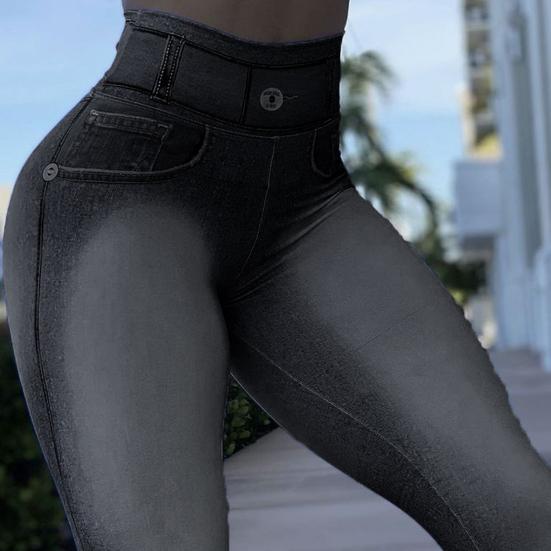 Yousheng High Waist Pockets Tummy Control Butt Lifting Fitness Leggings Gradient Color Push Up Imitation Jeans Skinny Women Yoga Pants Activewear
