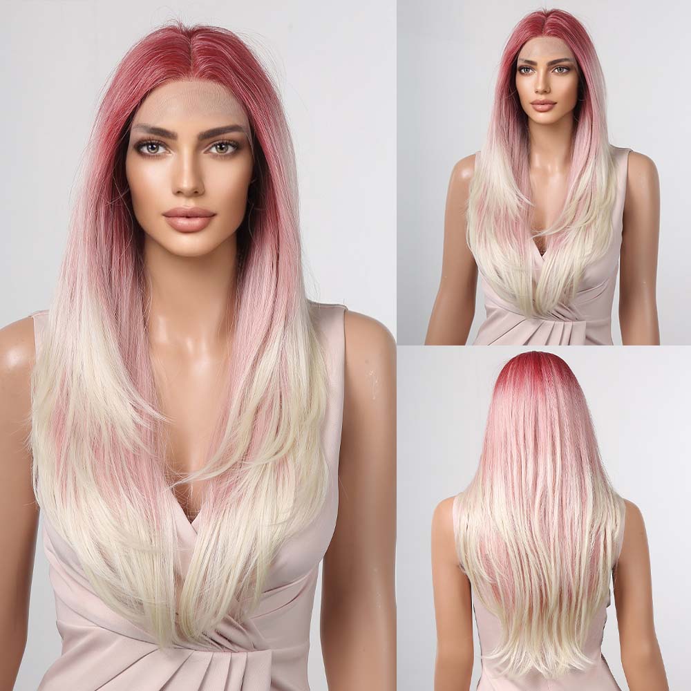 ALAN EATON Основные моменты Блондинка Парик фронта шнурка Длинный прямой синтетический парик Натуральная линия волос Светлые парики для женщин Высокая температура