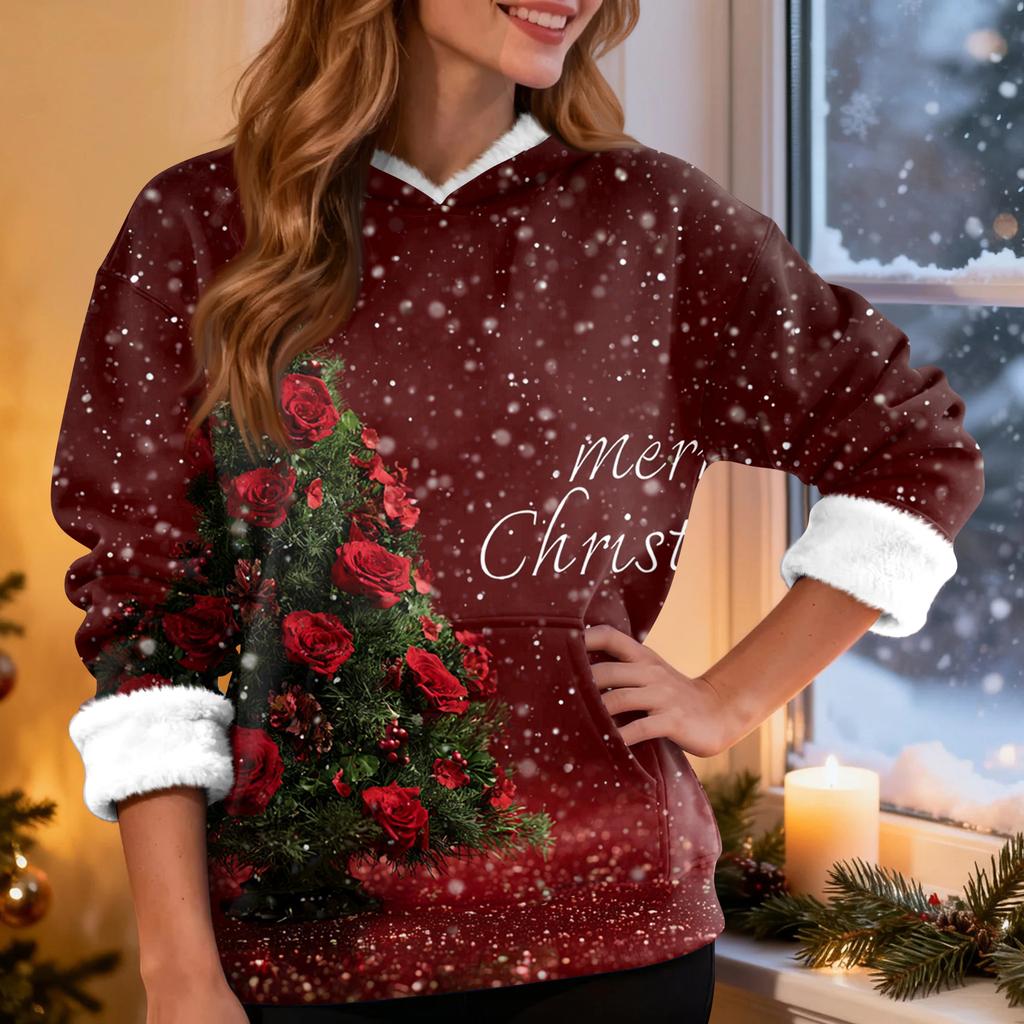 Women's Casual Fashion Plus Velvet Thickened Christmas Print Hooded Sweatshirt
