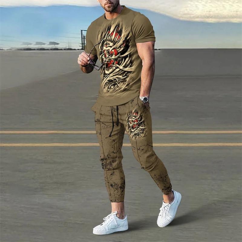 Мужская футболка, спортивный костюм, комплект из 2 предметов, короткий рукав, спортивная одежда, костюмы, модная мужская одежда, брюки, повседневные топы с круглым вырезом, брюки, уличная одежда
