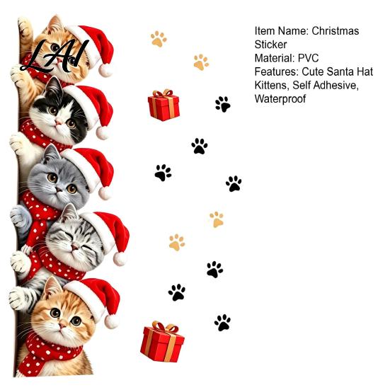 Cartoon Kitty Window Graphics Christmas Cat Door Sticker Cute Santa Hat Kittens Wall Decal Self Easy Peel And Stick Murals Adhesive Waterproof