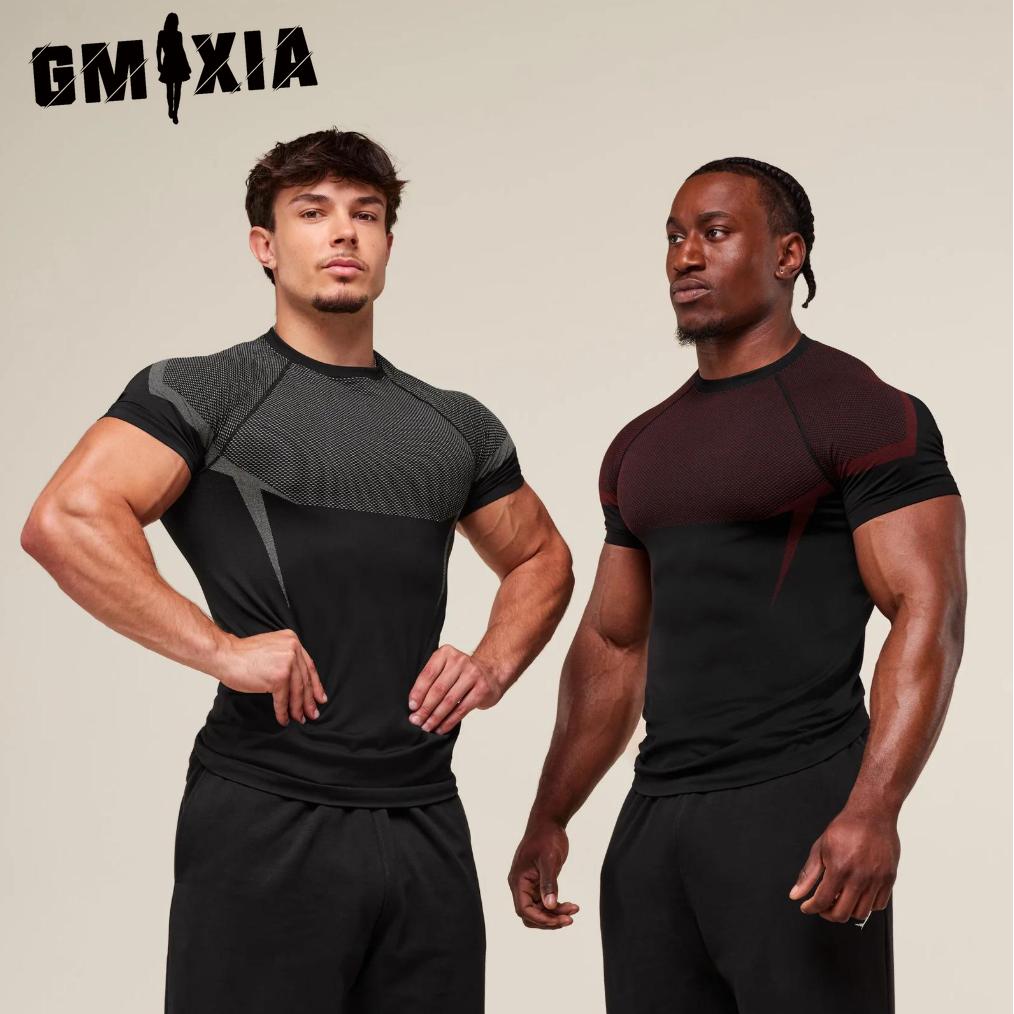 GMXIA Фитнес Мужская Беговая Быстросохнущая Дышащая Облегающая Футболка с Коротким Рукавом Мужская Мышечная Акула