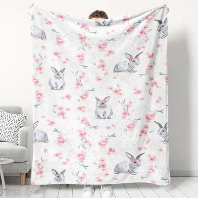 1pc of Comfortable Flannel Blanket with Rabbit and Flower Pattern, 100% Polyester Fiber with High-definition Digital Printing, Suitable for All Season