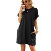 Summer Women Pockets Loose Waist Dresses Solid Round Neck Short Sleeve Mini Dress