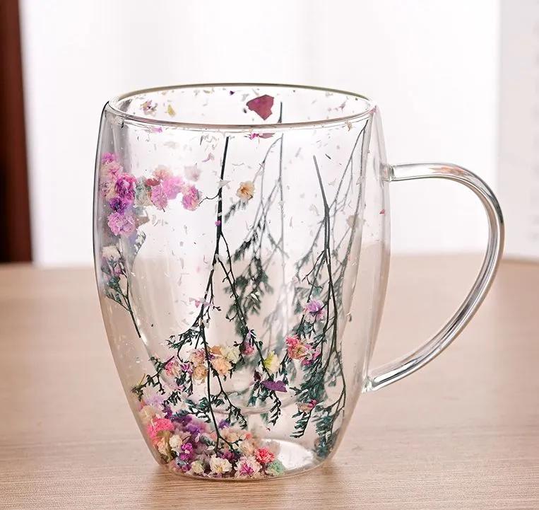 350 мл Двойная стеклянная кружка с начинкой из сухих цветов с ручками кухонные принадлежности WLL2148