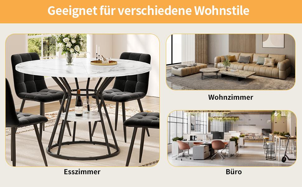 Table Set (5-Piece), Dining Table 100 x 100 x 76 cm (incl. 4 Chairs), Coffee Table for 4 People, Velvet Chair (incl. Marble Top), Black Chair