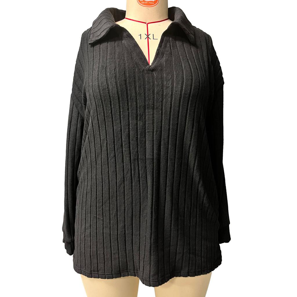 Осенние и зимние модели однотонной свободной женской блузки большого размера с V-образными лацканами и длинными рукавами в полоску с начесом