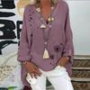 Women's Cotton And Linen Print Casual V-Neck Large Size Print Shirt Tops