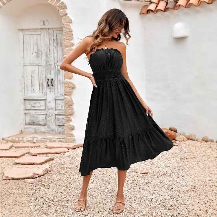 Women Summer Casual Sleeveless Strapless A-Line High Waist Solid Color One Collar Dresses Spring S-XL Middle Long Dress